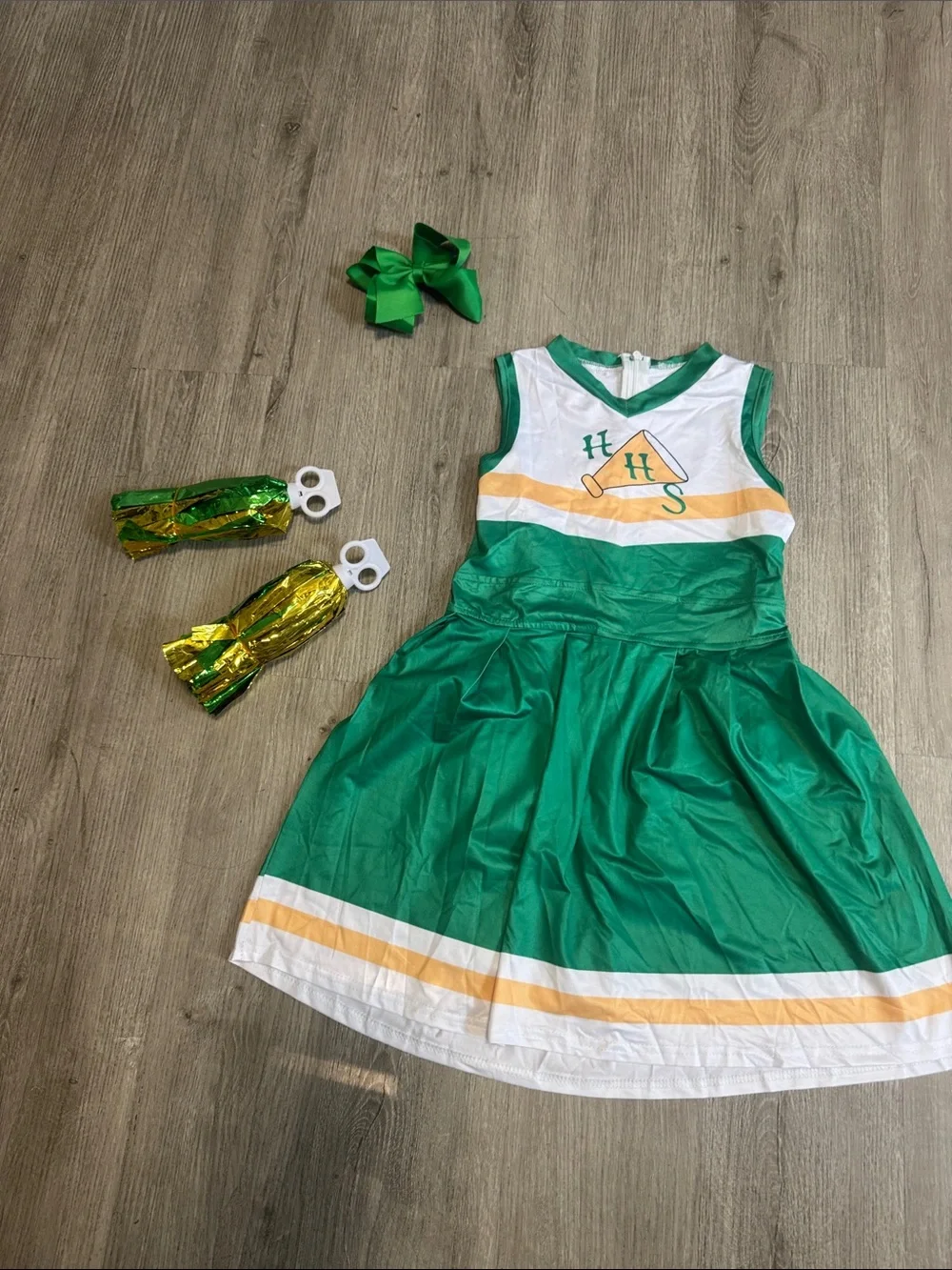 Green Cheerleader Costume Dress with Pom-Poms and Bow - Kids